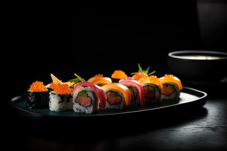 Macro food photography. Plate of sushi rolls. Minimalistic presentation and delicate lighting. AI generatedの素材