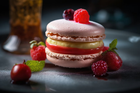 Macro food photography of a French dessert  macaron in a chic patisserie. The soft, natural lighting and elegant presentation. AI generatedの素材