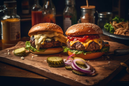Close up tasty food photography of juicy American style burger, served in a rustic burger joint with a vintage style. AI generatedの素材