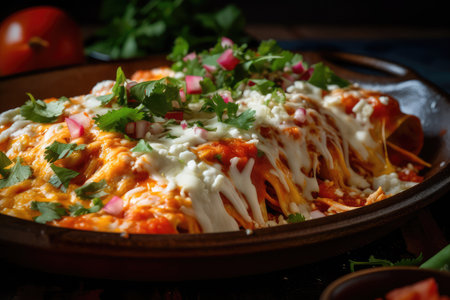 Close up tasty food photography of warm and comforting Mexican enchiladas, served in a colorful and lively cantina with a festive style. AI generatedの素材