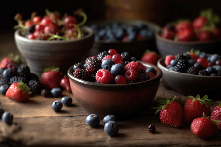Tasty food photography featuring fresh berries in a rustic setting, with a country-style presentation. AI generatedの素材