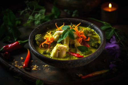 Macro food illustration of a spicy Thai dish, featuring a bowl of vibrant green curry in a bustling street food market. The bold spices and complex flavors of the dish. AI generatedの素材