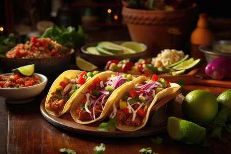Tasty food illustration of flavorful tacos with the bold and zesty flavors of Mexican cuisine, in a festive and lively setting with a fiesta style. AI generatedの素材