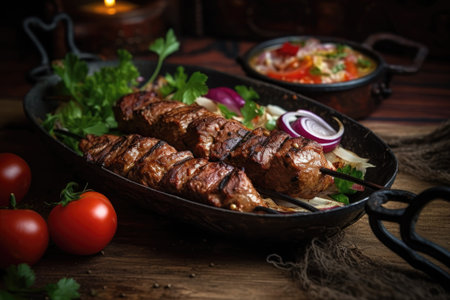 Tasty food. Illustration of succulent kebab, featuring the spicy and aromatic flavors of Middle Eastern cuisine. AI generatedの素材