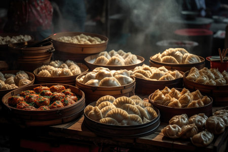 Tasty food. Illustration of delicious Chinese street food, served in a bustling food market with a lively style. AI generatedの素材