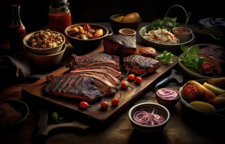 Tasty food. Illustration of smoky barbecue, featuring the rich and tangy flavors of Southern cuisine, in a casual and laid back setting with in  a rustic farmhouse kitchen. AI generatedの素材