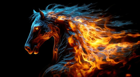 An image of a fiery horse on a black background. Burning eyes and flames on the running horses mane. AI generatedの素材