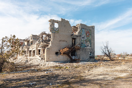 A view of the school in Kherson reg, completely destroyed by the Russian invading armyのeditorial素材