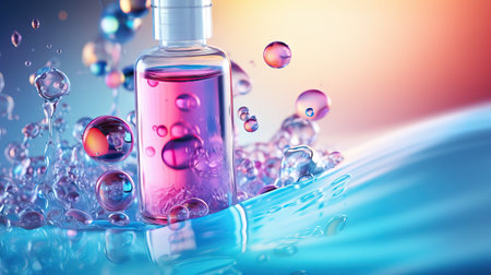 Bottle for serum, micellar toner and emulsion on water texture background with splashesの素材