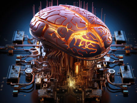 Sci-fi concept. The central computer processor in the form of an artificial brain microchip as the main element of the artificial intelligence system is installed on the motherboard of the supercomputerの素材