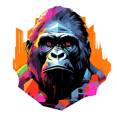Gorilla king. Portrait of a mighty old gorilla, the king of the jungle, isolated on a white background in a vector pop art style. Template for t-shirt, sticker, etc.の素材