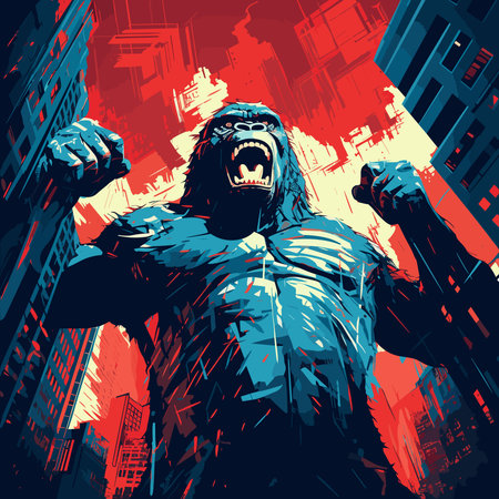 Portrait of an angry and terrified giant gorilla on the streets of a metropolis in a vector pop art style. Template for t-shirt, sticker, etc.の素材