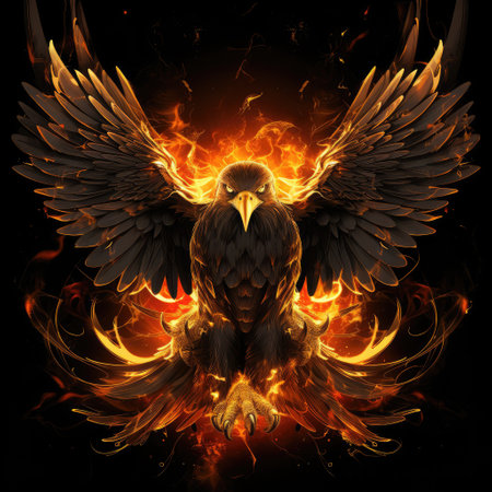 Majestic Phoenix. A mythical bird with fiery wings stretching wide against a dark backdrop.の素材