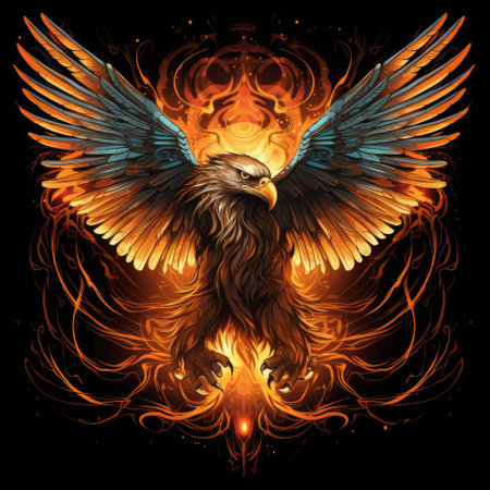 Majestic Phoenix. A mythical bird with fiery wings stretching wide against a dark backdrop.の素材