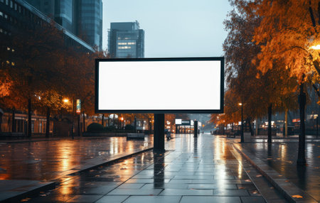 Empty billboard on a big city street on a rainy autumn evening. Blank mock-up of an outdoor info banner.の素材