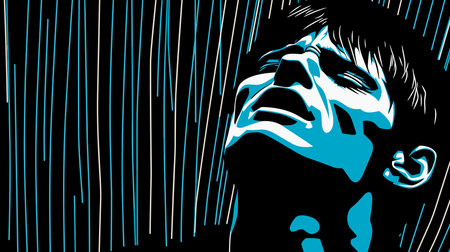 Youth and mental health. Abstract portrait of a young man suffering from depression and loneliness in vector line art style. Template for poster, t-shirt, sticker...の素材