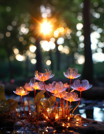 Fairylike flowers with translucent petals and sparkling droplets in the dappled sunlight of the forest.の素材