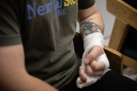IRPIN, UKRAINE - Sep. 15, 2023: Military personnel injured in the war in Ukraine are seen undergoing rehabilitation at a rehabilitation centre Next Step Ukraine in Irpin, Ukraine.のeditorial素材