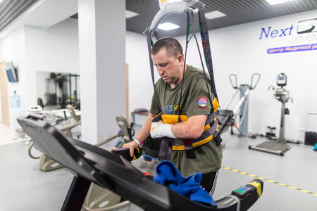 IRPIN, UKRAINE - Sep. 15, 2023: Military personnel injured in the war in Ukraine are seen undergoing rehabilitation at a rehabilitation centre Next Step Ukraine in Irpin, Ukraine.のeditorial素材
