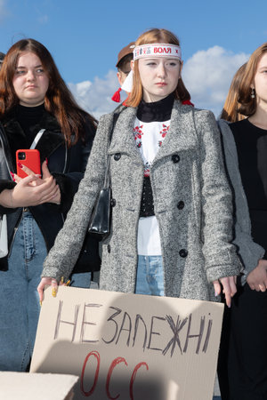 KYIV, UKRAINE - Oct. 17, 2023: In Kyiv students recreated events of Revolution on granite 1990. Revolution on Granite was a campaign of large-scale actions of non-violent civil disobedienceのeditorial素材