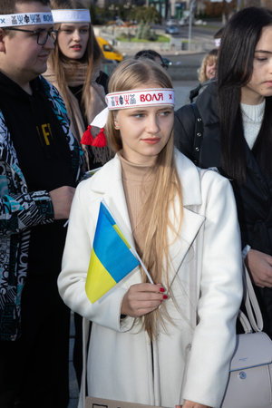 KYIV, UKRAINE - Oct. 17, 2023: In Kyiv students recreated events of Revolution on granite 1990. Revolution on Granite was a campaign of large-scale actions of non-violent civil disobedienceのeditorial素材