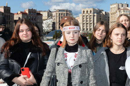 KYIV, UKRAINE - Oct. 17, 2023: In Kyiv students recreated events of Revolution on granite 1990. Revolution on Granite was a campaign of large-scale actions of non-violent civil disobedienceのeditorial素材