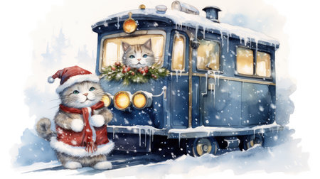 New Year card in vintage retro style with a cat as a snowman, gifts and festive spiritの素材