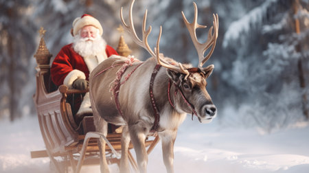 Santa Claus and his sleigh and reindeer rush to childrens homes with presents to celebrate Christmas and the New Year.の素材
