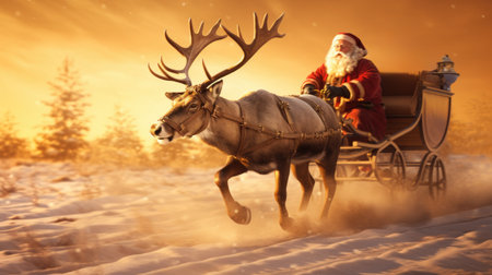 Santa Claus and his sleigh and reindeer rush to childrens homes with presents to celebrate Christmas and the New Year.の素材