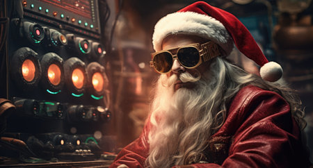 Santa Claus is a hipster in his home near the communications desk of Santaclauses around the world.の素材