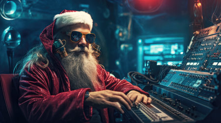 Santa Claus is a hipster in his home near the communications desk of Santaclauses around the world.の素材