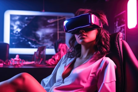 Teenager wearing a VR headset and experiencing virtual reality. Vivid colourful multicolour image in neon coloursの素材