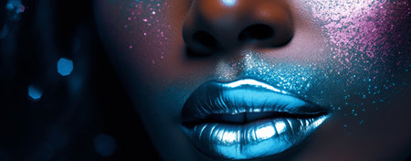 Extreme close-up portrait of a beautiful african model with amazing colourful make-up for nightlife and nightclub parties.の素材