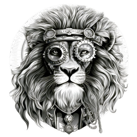 Steampunk lion with intricate gears and mechanical prowess symbolizing a fusion of elegance and ingenuity. Isolated on white backgroundの素材