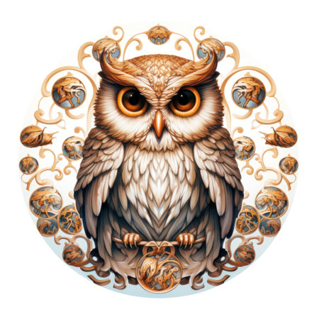 Illustration of an owl in a decorative art style isolated on white. Template for sticker, t-shirt print, poster, etc.の素材