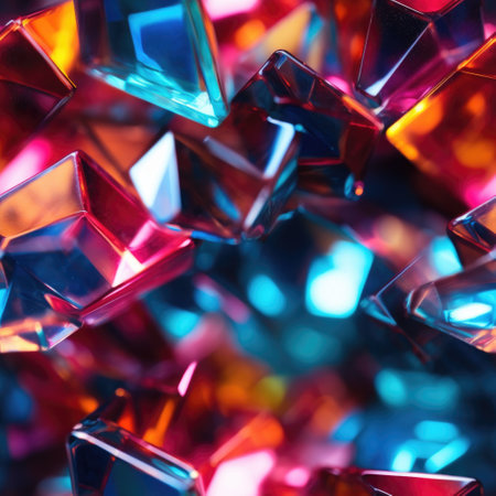 Colourful glass surface and glass fragments close-up in electric neon colours. Abstract background and textureの素材