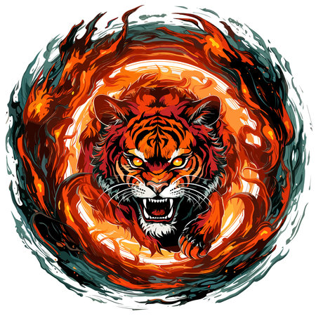 Tiger running through fire in vector pop art style on white background. Template for t-shirt print, sticker, poster, etc.の素材