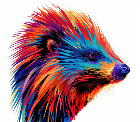 Porcupine in bright psychedelic pop art style isolated on white background. Template for t-shirt print, poster, sticker, etc.の素材