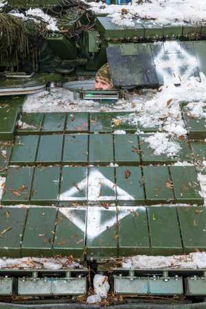 KHARKIV Reg, UKRAINE - Dec. 20, 2023: Tank battalion of the 41st Mechanized Brigade of the Armed...