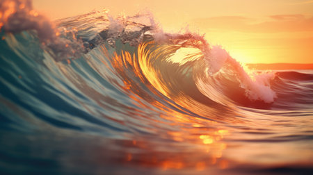 Ocean wave during sunset. Huge wave breaking with a lot of spray and splash. Sea water backgroundの素材