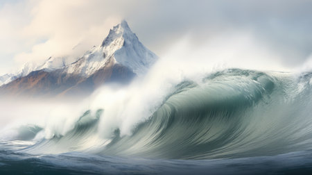 Ocean wave during storm. Huge wave breaking with a lot of spray and splash. Sea water backgroundの素材