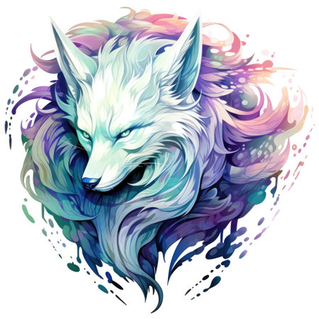 Portrait of a wolf in a decorative psychedelic pop art style. Template for poster, sticker, t-shirt print, sticker, etc.の素材