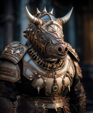Male rhino wearing armor in the style of intricate steampunkの素材