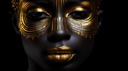 Extreme close-up portrait of a beautiful african model with golden makeup on black backgroundの素材