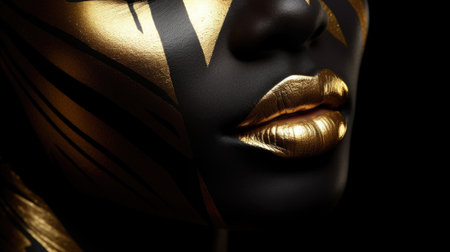 Extreme close-up portrait of a beautiful african model with golden makeup on black backgroundの素材