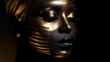Extreme close-up portrait of a beautiful african model with golden makeup on black backgroundの素材
