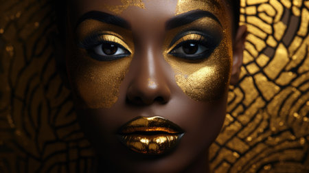 Extreme close-up portrait of a beautiful african model with golden makeupの素材