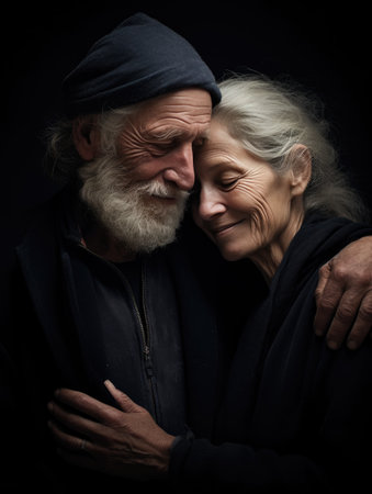 Old happy people love story. An older man and woman embracing on dark backgroundの素材