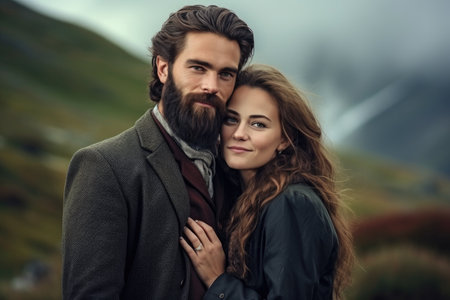 A love story. Romantic portrait of a loving couple of a young man with a beard and a beautiful long haired woman on a natural background.の素材