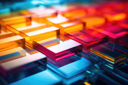 Bright colourful image of a variety of glass objects of different shapes and structures in neon colours. Background and texture. Light and colour.の素材